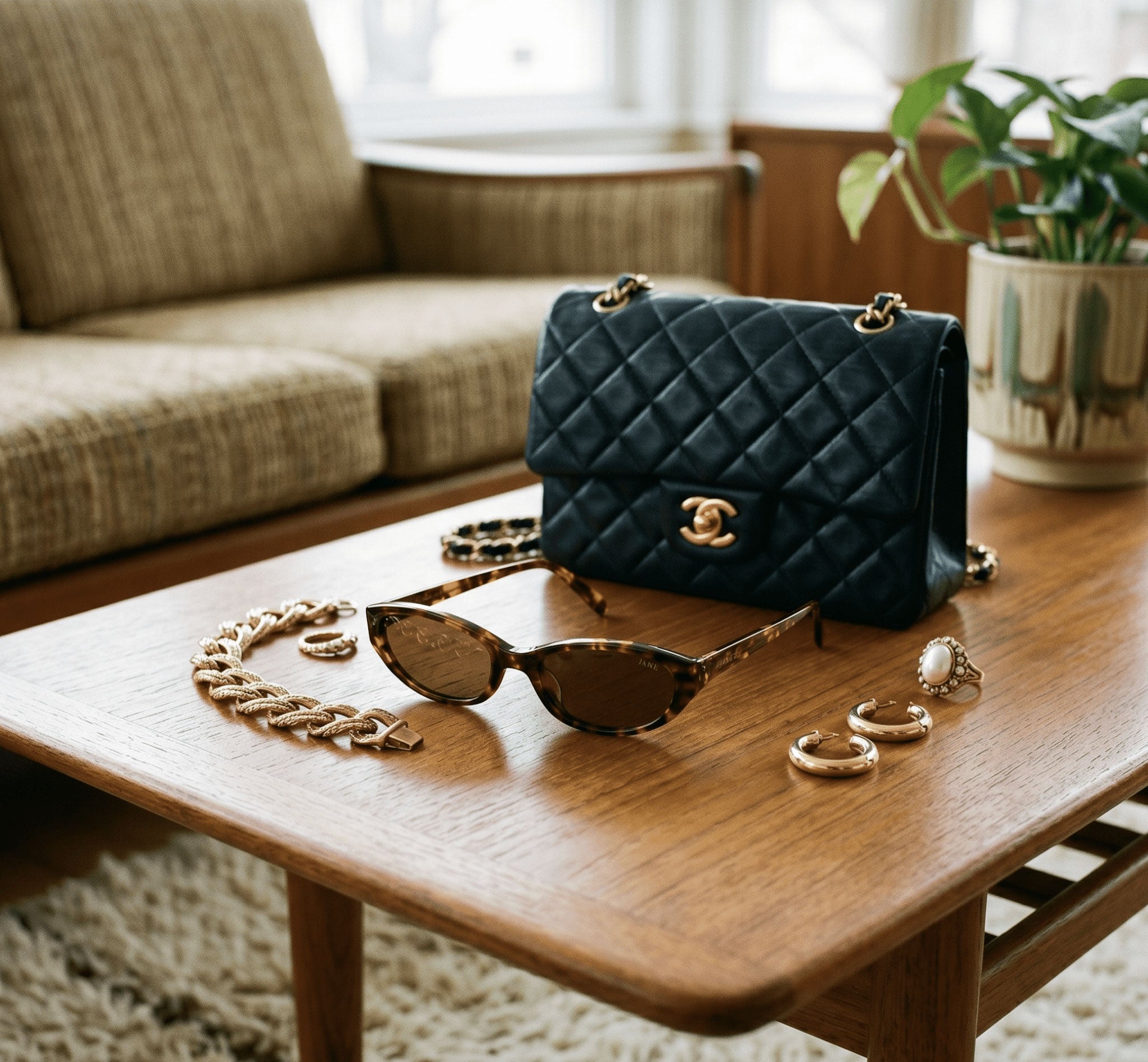 Green quilted handbag, sunglasses, and jewelry on a wooden coffee table with a couch and plant in the background.